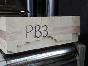 Hybrid-Brettsperrholz im Rollschubversuch mit erstaunlichem Ergebnis: Die mittlere Querlage aus Buchenholz hatte quer zur Faserrichtung eine höhere Schubtragfähigkeit als die parallel zur Faserrichtung angeordneten Längslagen aus Fichtenholz. Normalerweise bricht die Querlage zuerst. Foto: MPA Universität Stuttgart