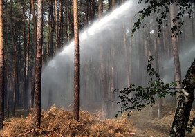 Neben den Schäden für die Natur, Waldbesitzer und Anwohner gilt es auch die Notwendigkeit gefährlicher Löscheinsätze (wie hier beim Brand in Lübtheen 2019) zu reduzieren. Waldbrände müssen so früh wie möglich erkannt werden. (Foto: BMEL / Mewes)